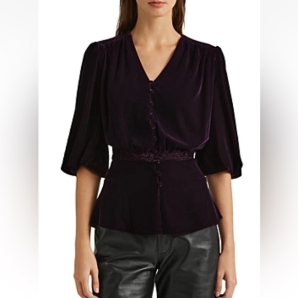 Lauren Ralph Lauren Black Label Velvet Button Down Puff Sleeve Top Purple size 8 - Picture 1 of 10